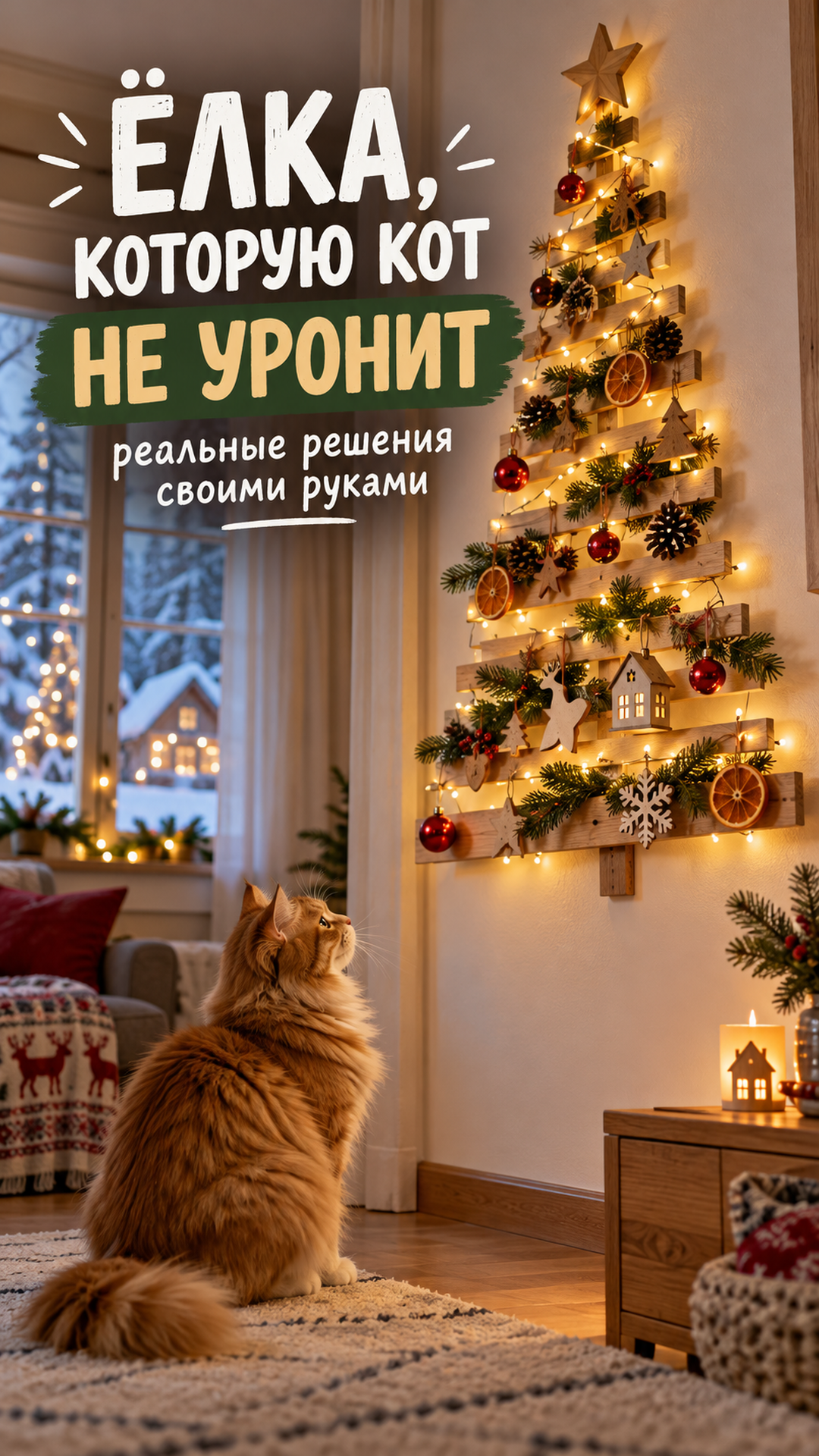 Редакционная иллюстрация: озадаченный кот перед устойчивой настенной ёлкой