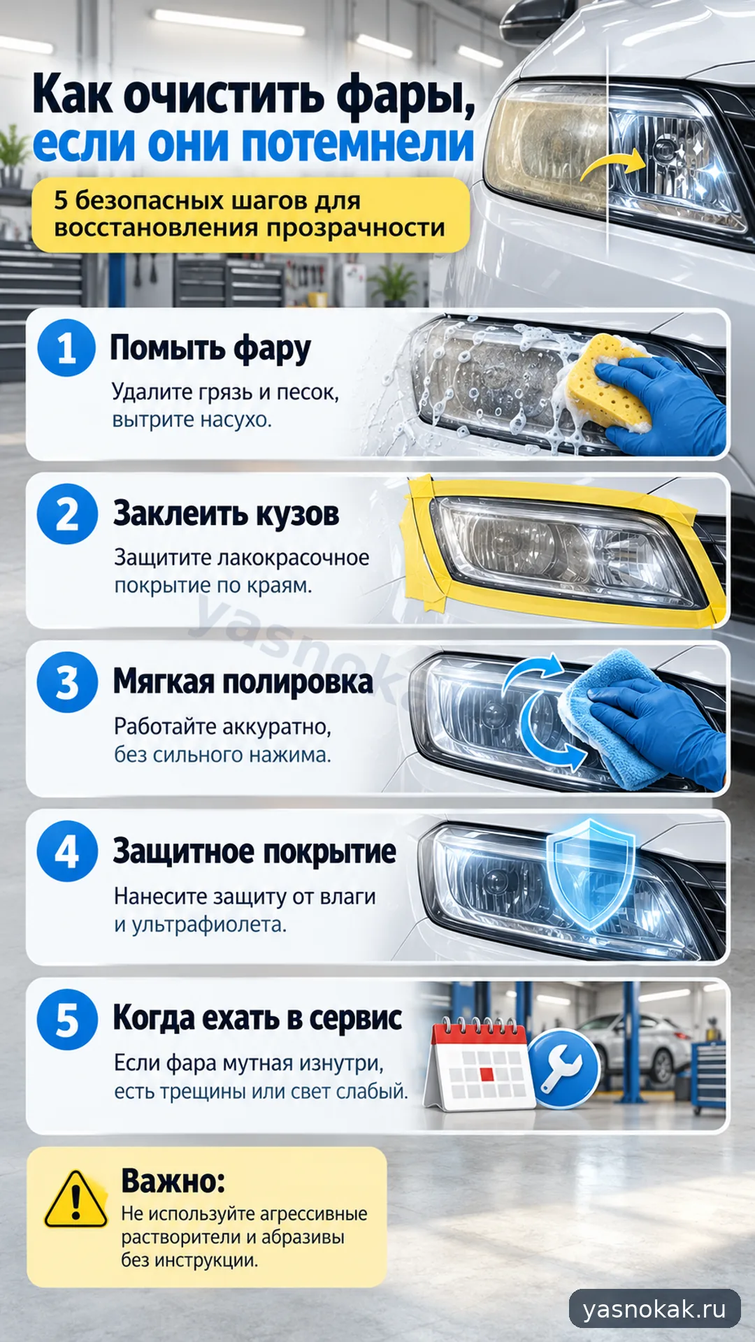 Схема: Как очистить фары машины, если они потемнели