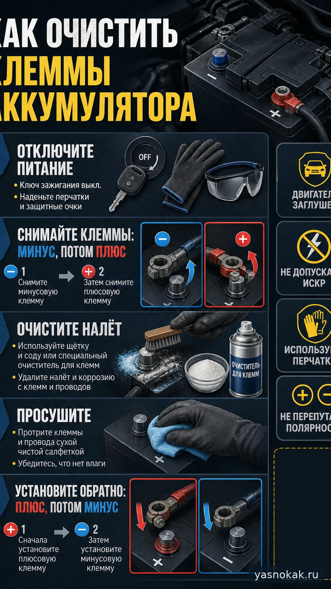 Схема: Как очистить клеммы аккумулятора