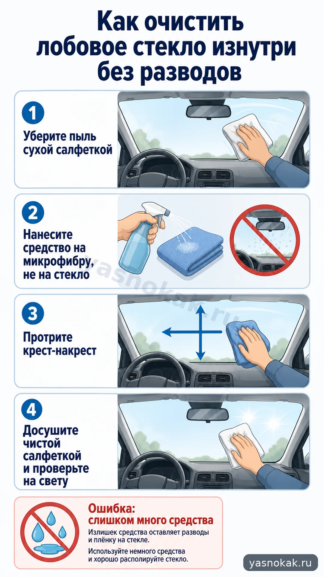 Схема: Как очистить лобовое стекло изнутри без разводов
