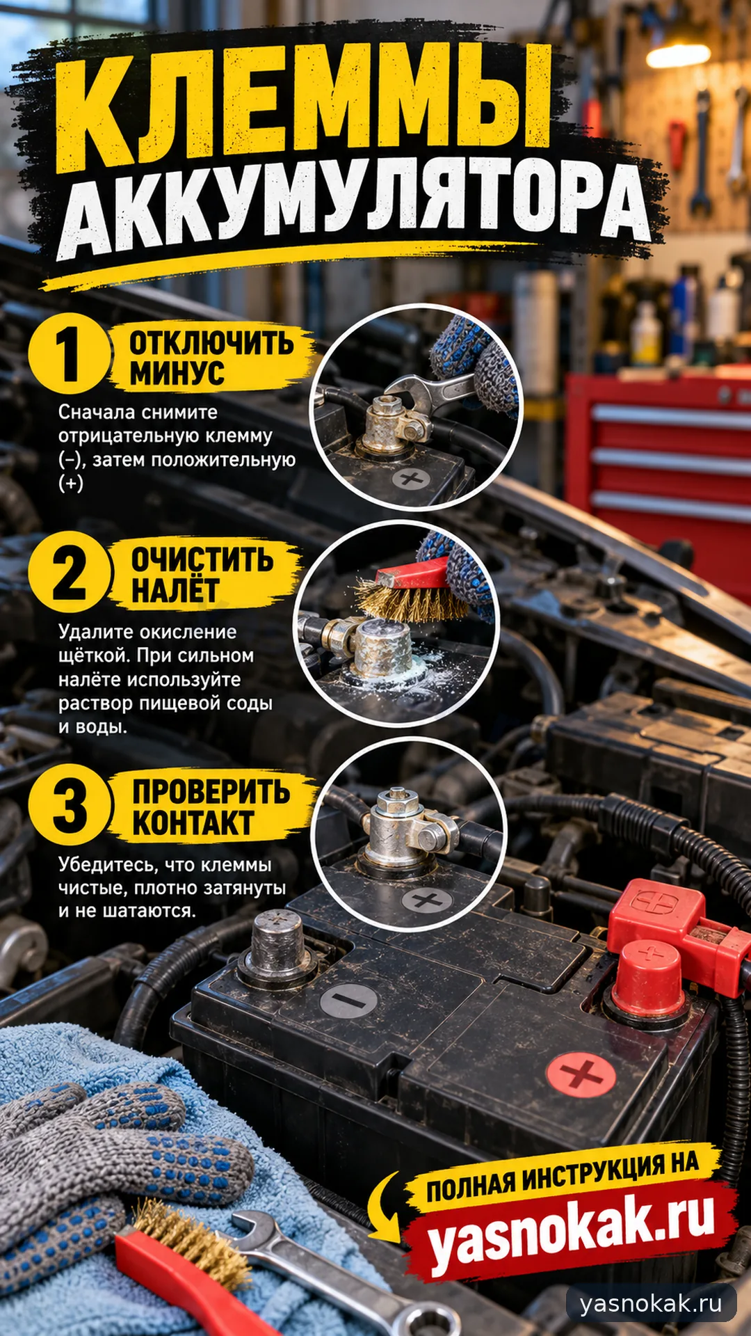 Схема: Как почистить клеммы аккумулятора автомобиля