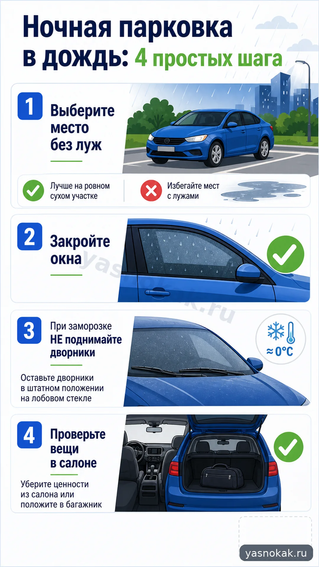 Схема: Как подготовить автомобиль к ночной парковке в дождь