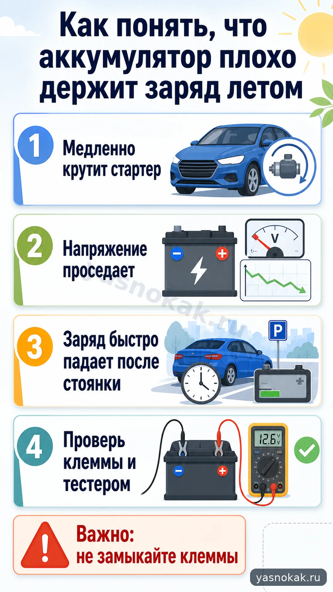 Схема: Как понять, что аккумулятор плохо держит заряд летом