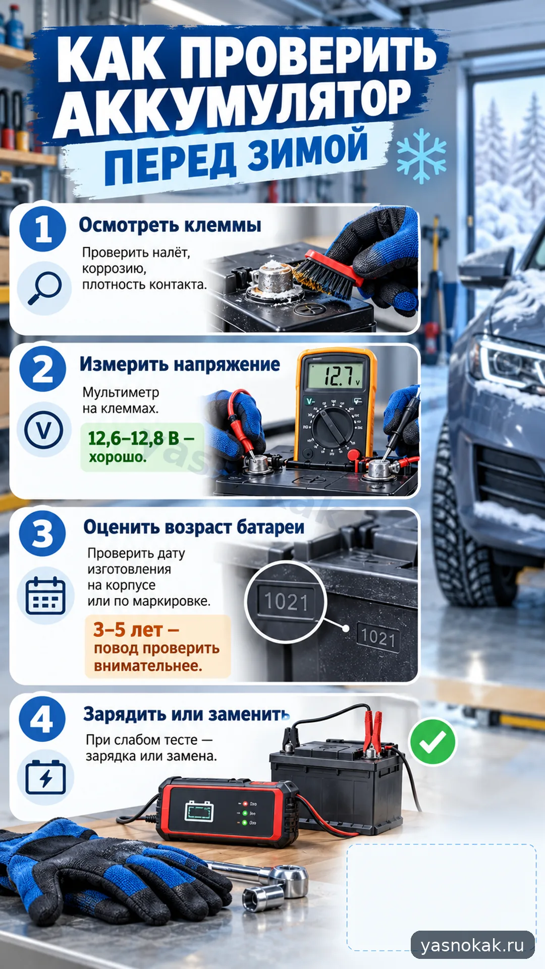 Схема: Как проверить аккумулятор Bosch перед зимой