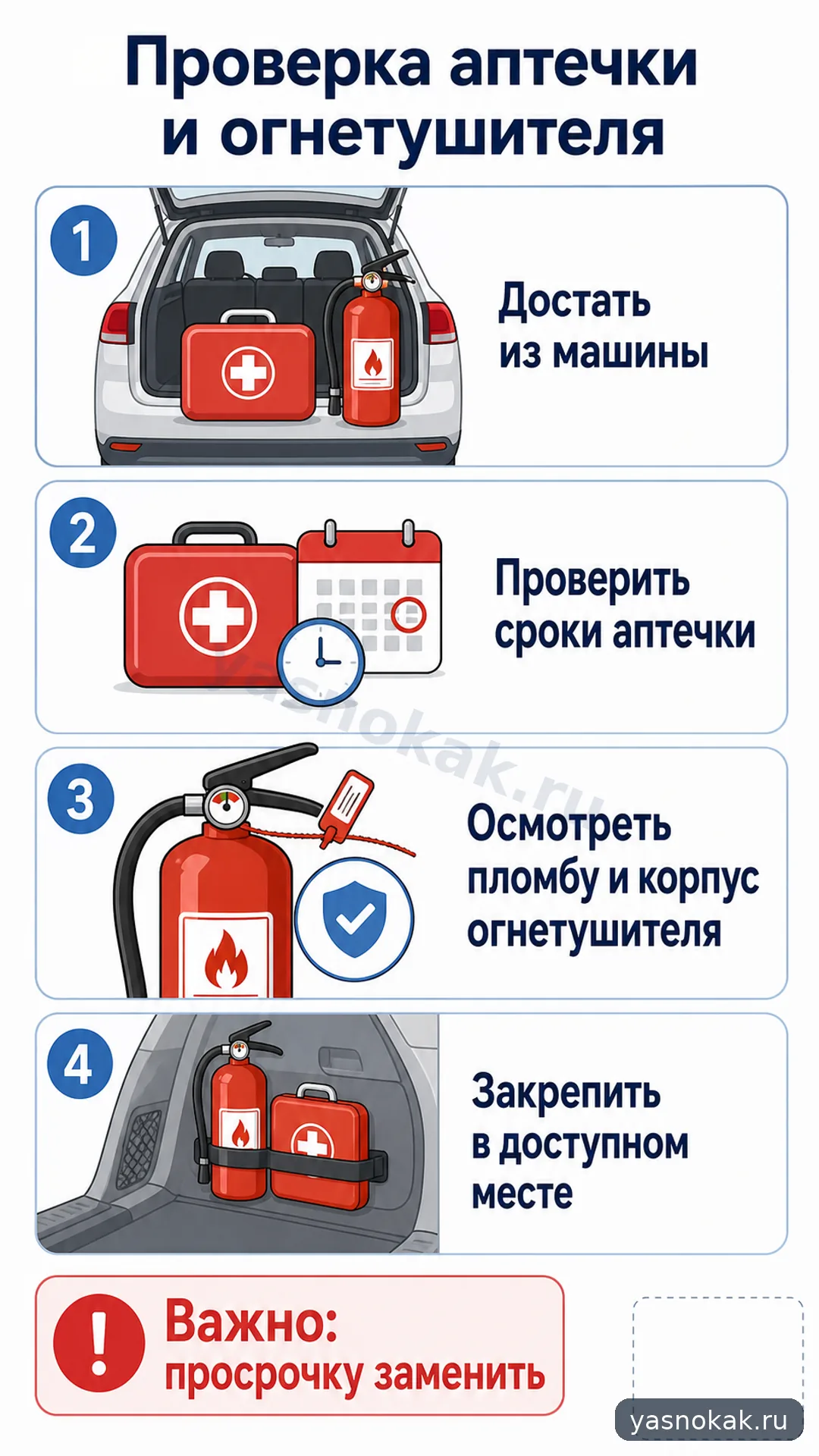 Схема: Как проверить аптечку и огнетушитель в машине