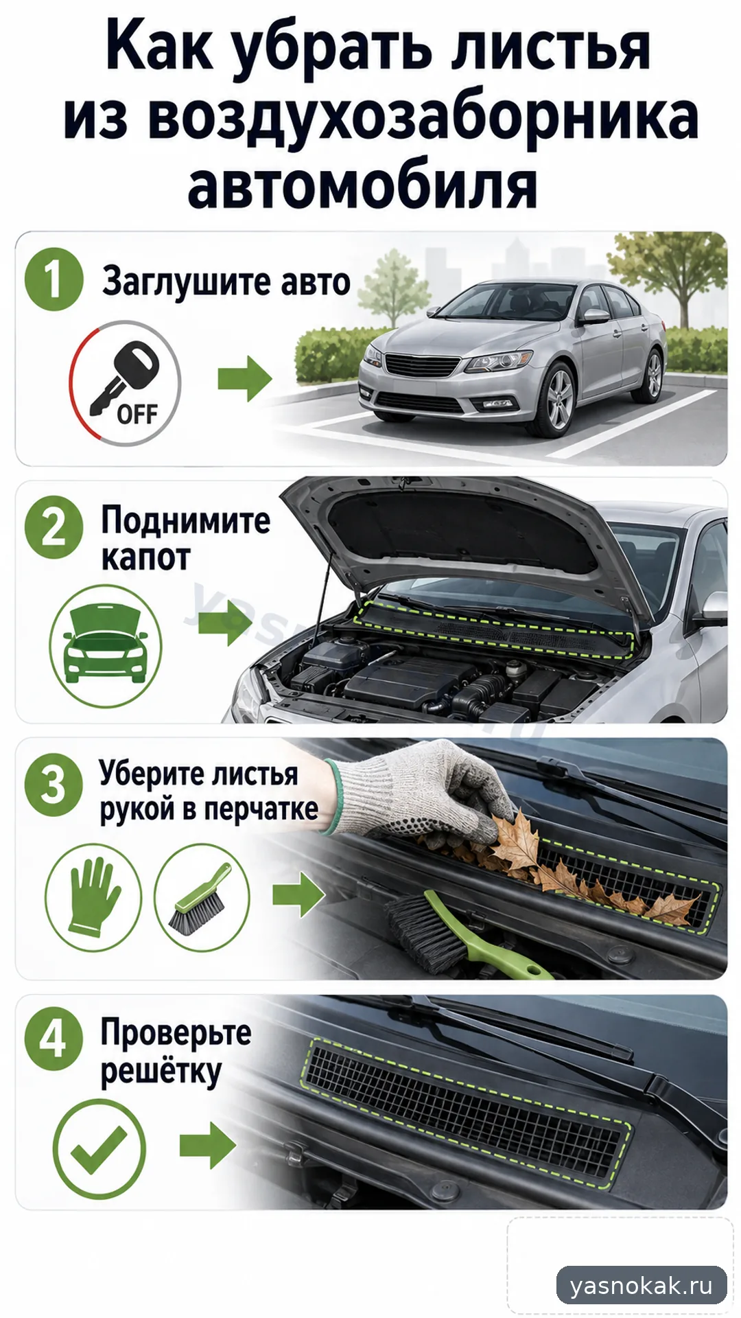 Схема: Как убрать листья из воздухозаборника автомобиля