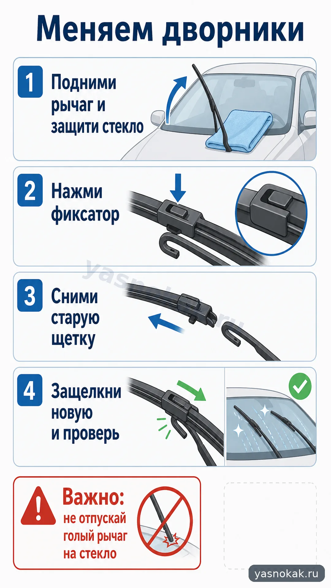 Схема: Как заменить щетки стеклоочистителя