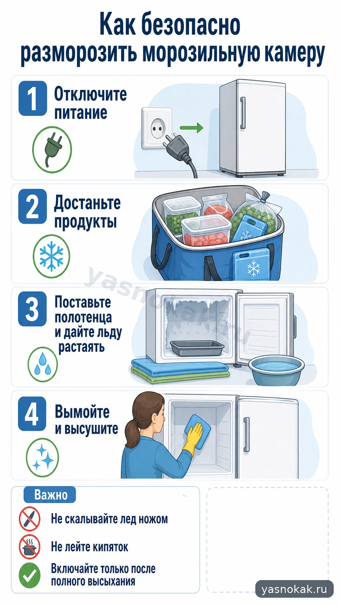 Схема: Как безопасно разморозить морозильную камеру
