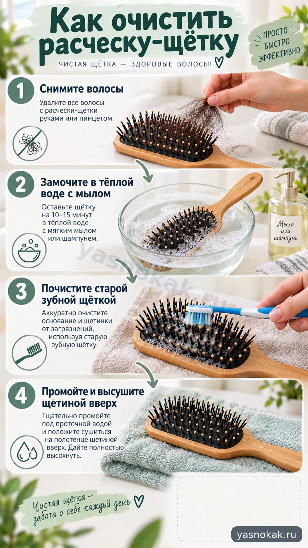 Схема: Как очистить расческу-щетку