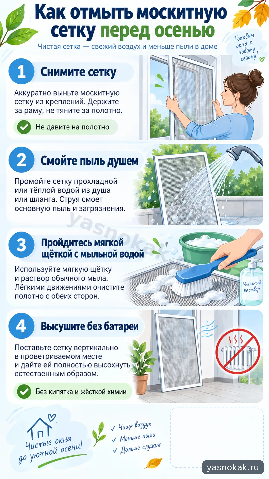 Схема: Как отмыть москитную сетку перед осенью