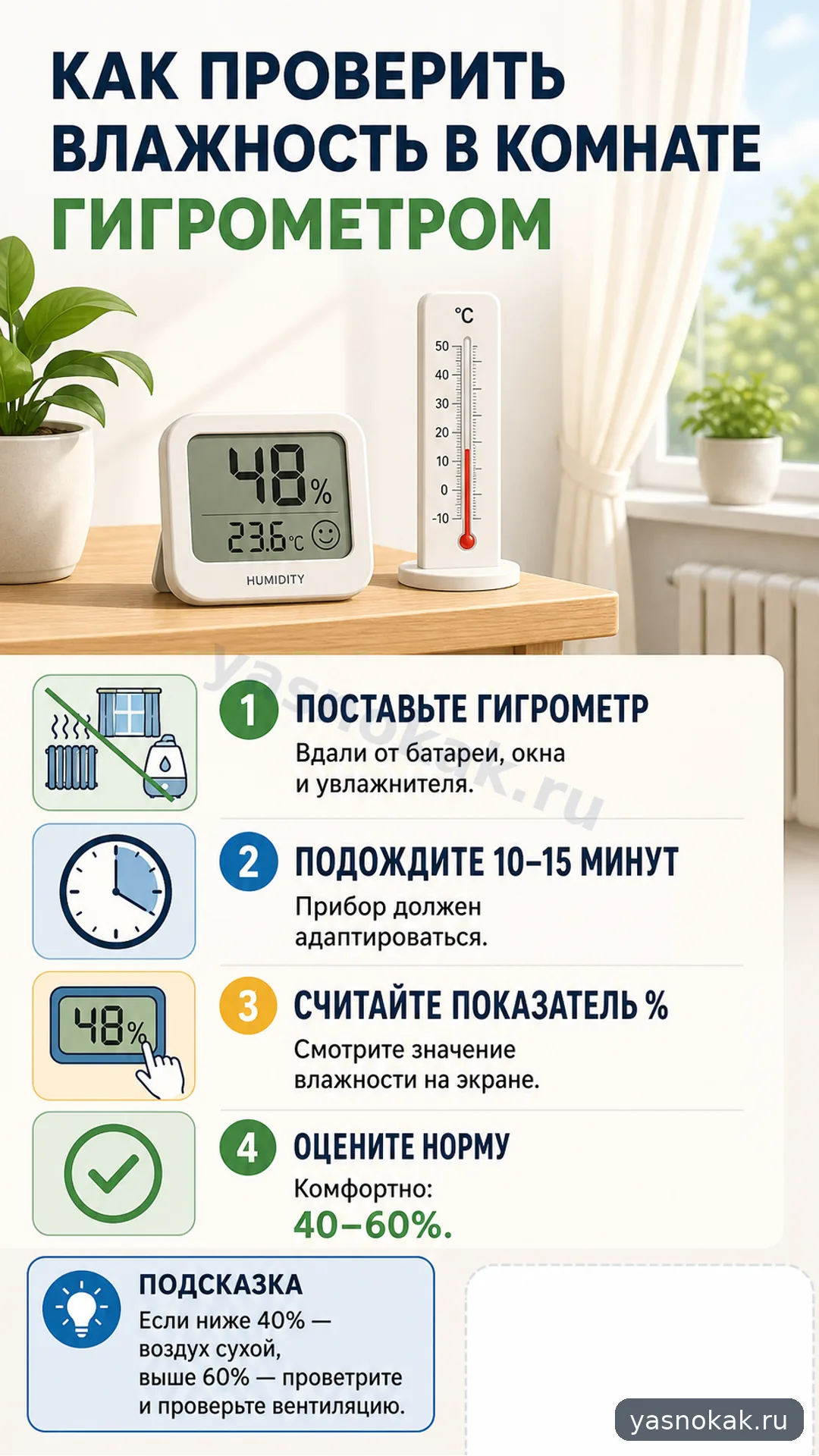Схема: Как проверить влажность в комнате гигрометром