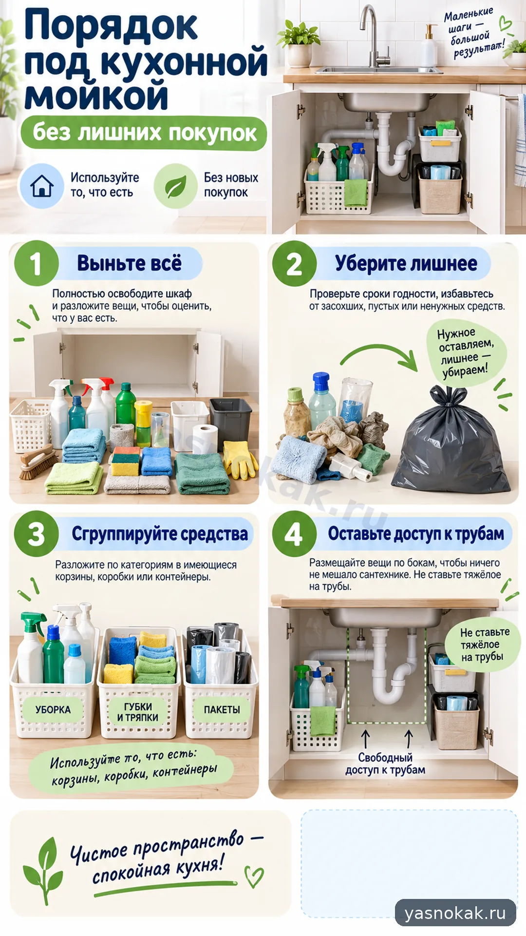 Схема: Как сделать порядок под кухонной мойкой без лишних покупок