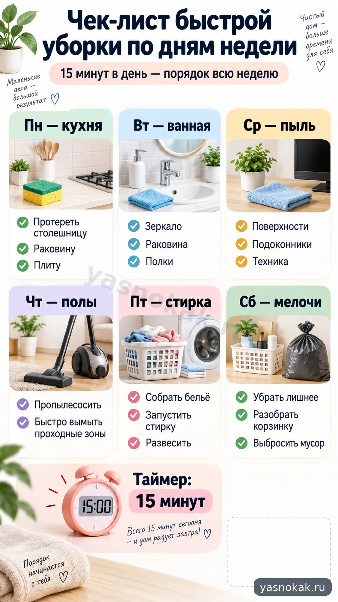 Схема: Как составить чек-лист быстрой уборки по дням недели