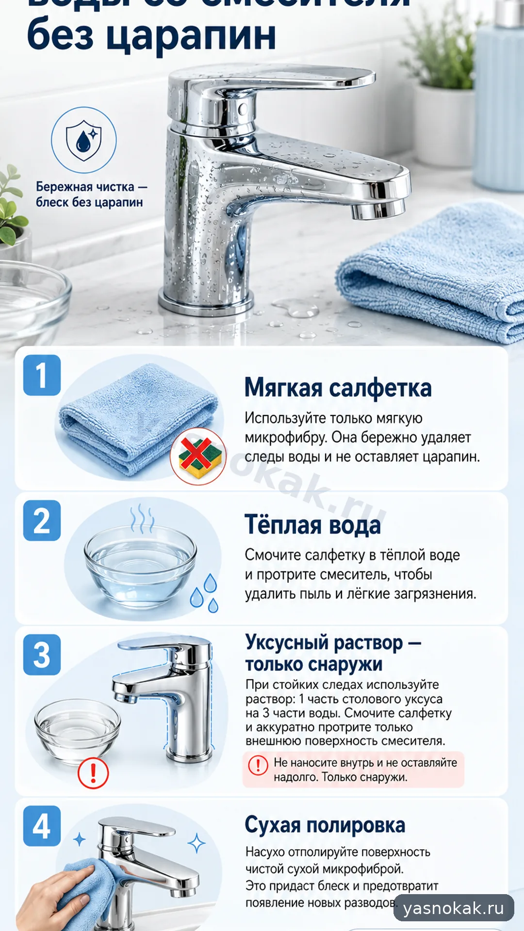 Схема: Как убрать следы воды со смесителя без царапин