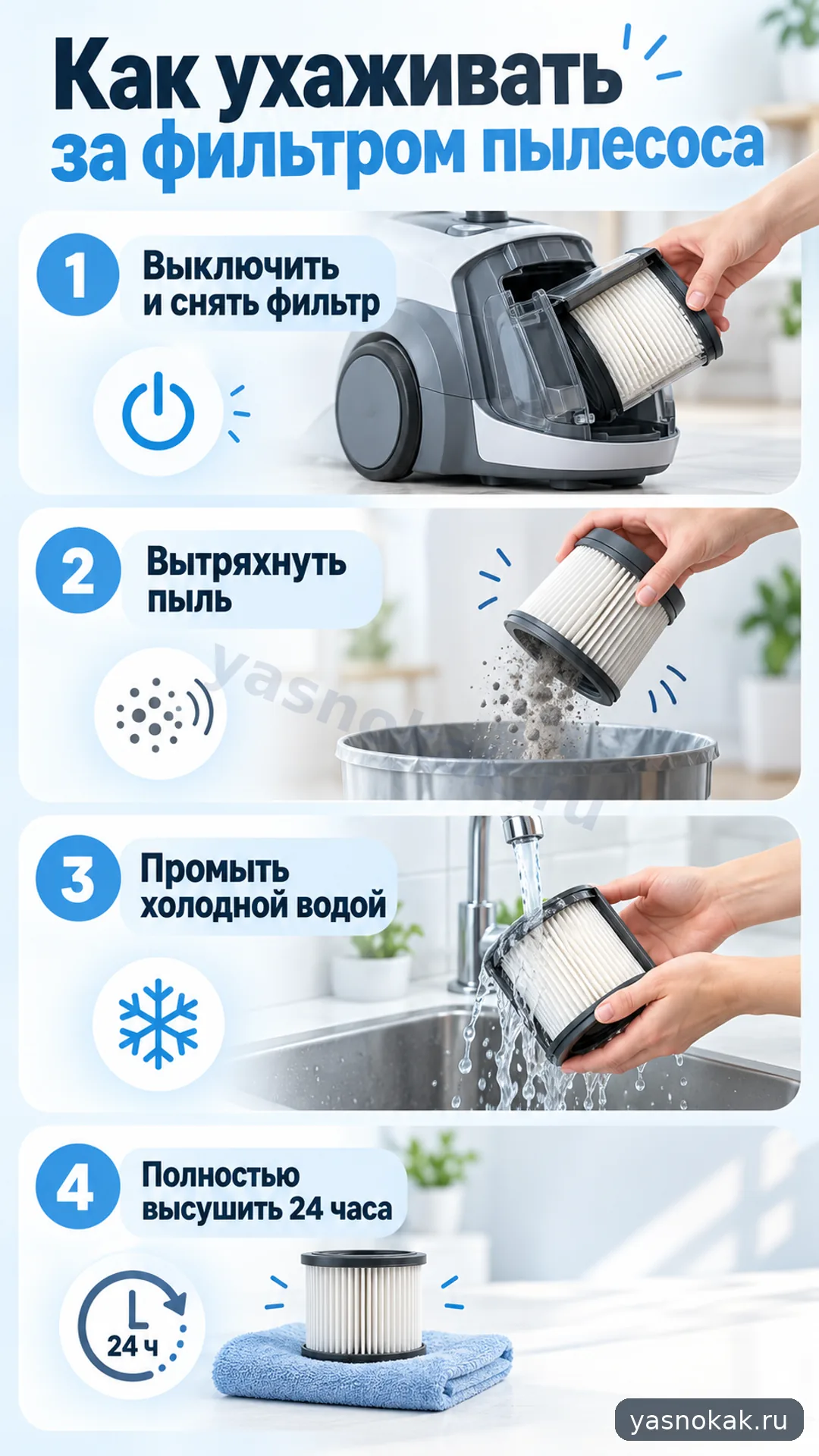 Схема: Как ухаживать за фильтром пылесоса Dyson