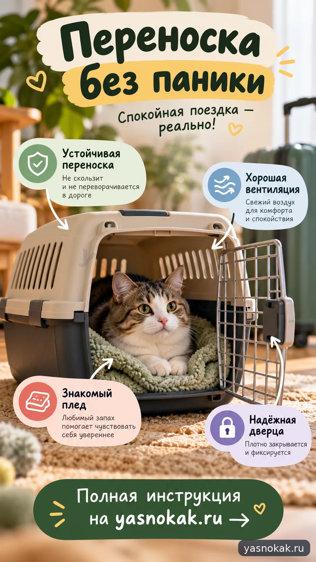 Схема: Как подготовить переноску для поездки с кошкой
