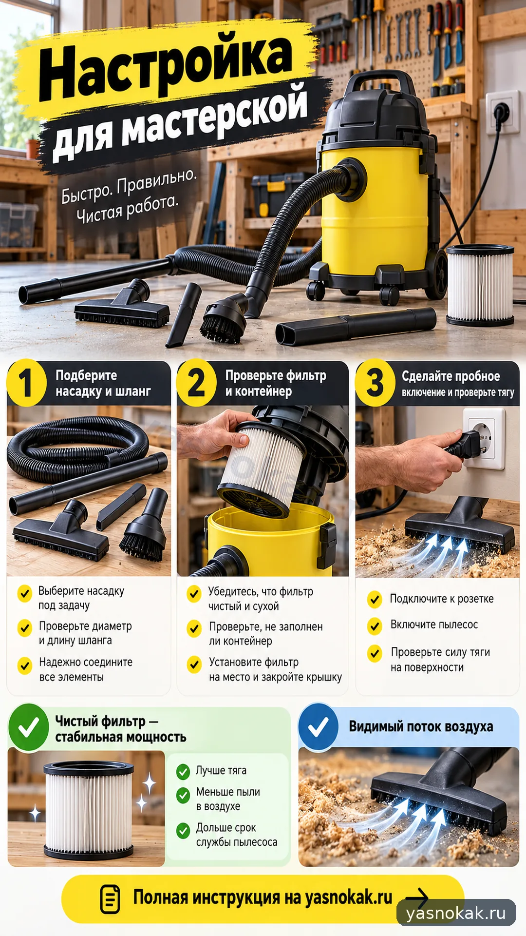 Схема: Как настроить пылесос Karcher для мастерской