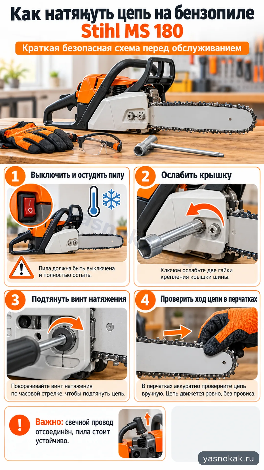 Схема: Как натянуть цепь на бензопиле Stihl MS 180