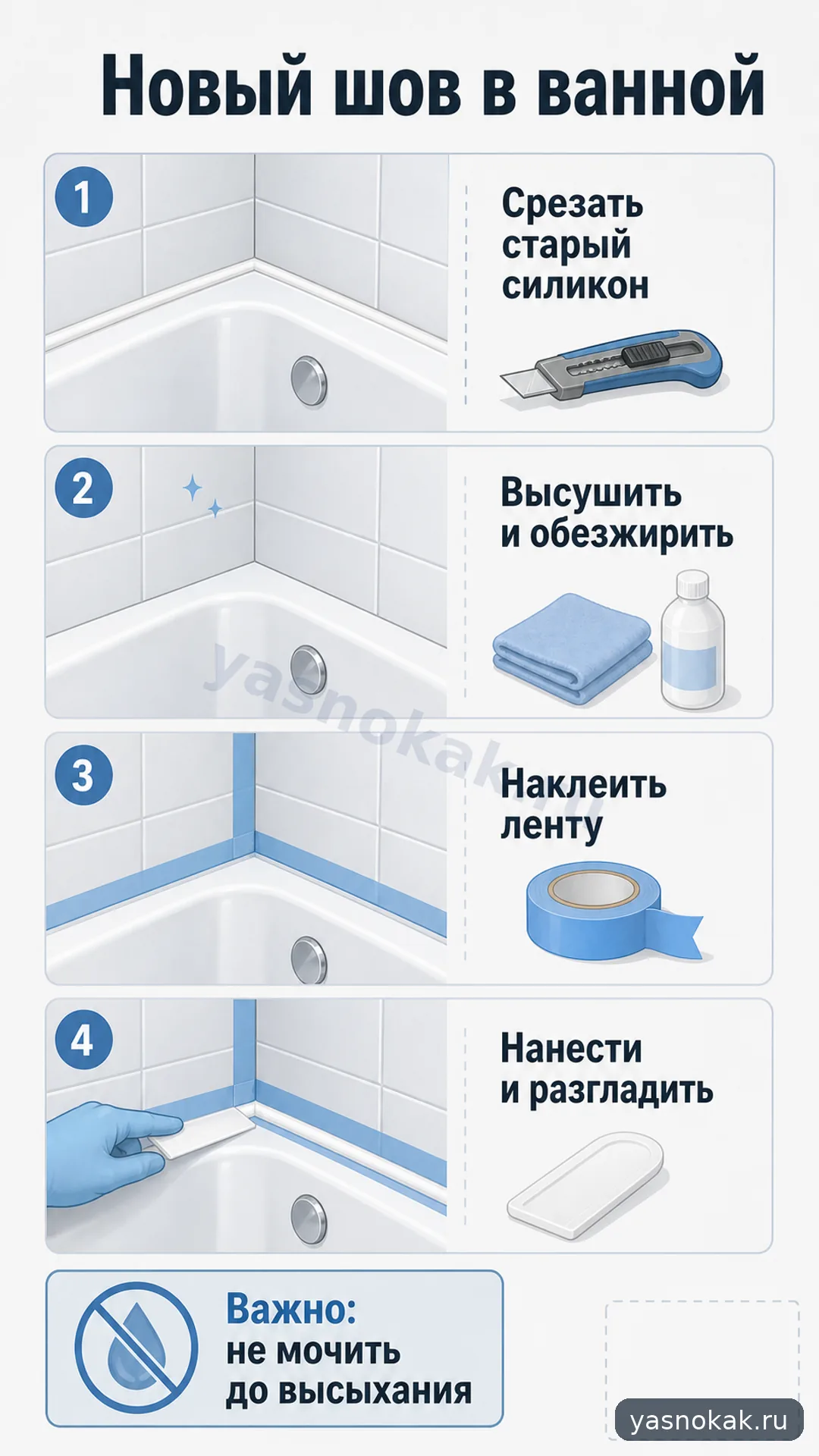 Схема: Как обновить силиконовый шов в ванной