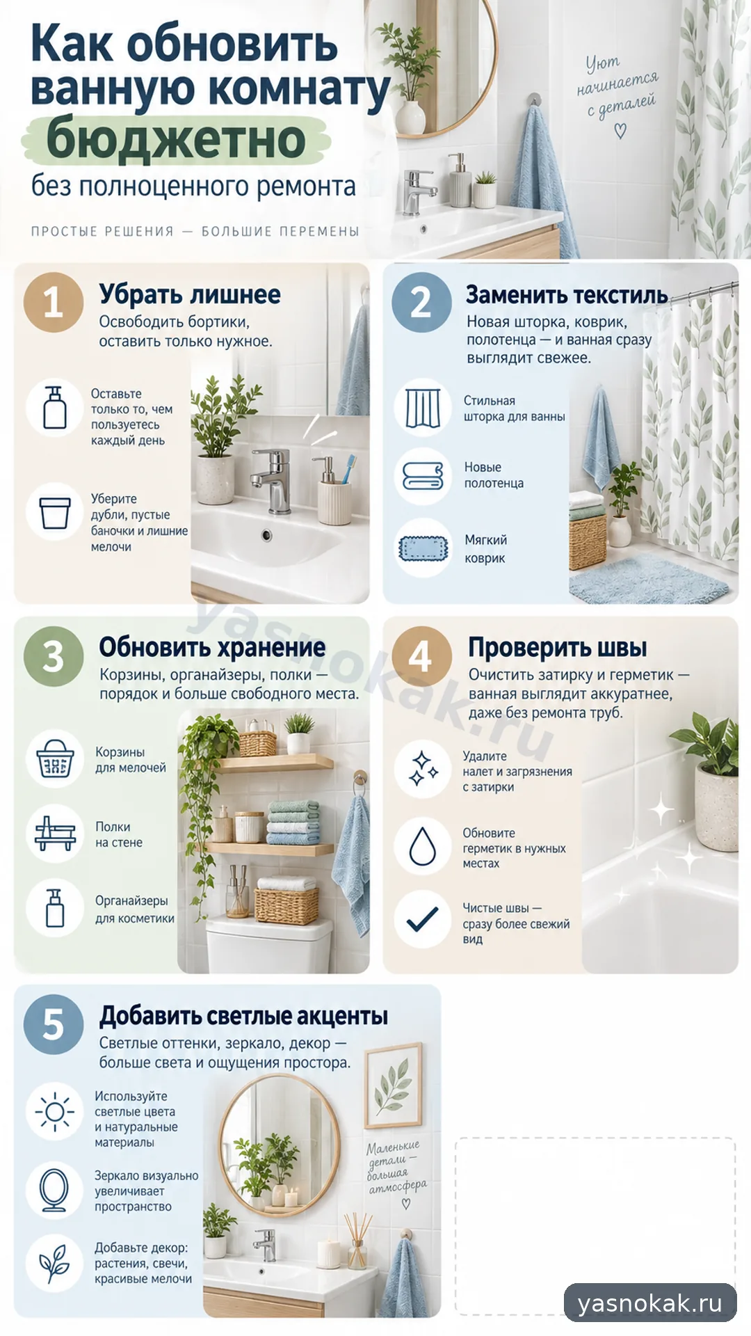 Схема: Как обновить ванную комнату бюджетно без полноценного ремонта