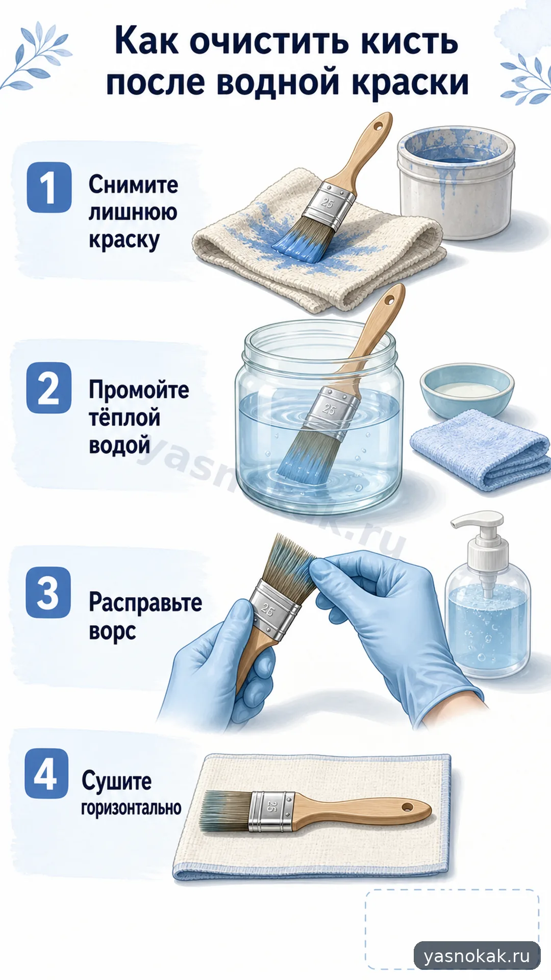 Схема: Как очистить кисть после водной краски