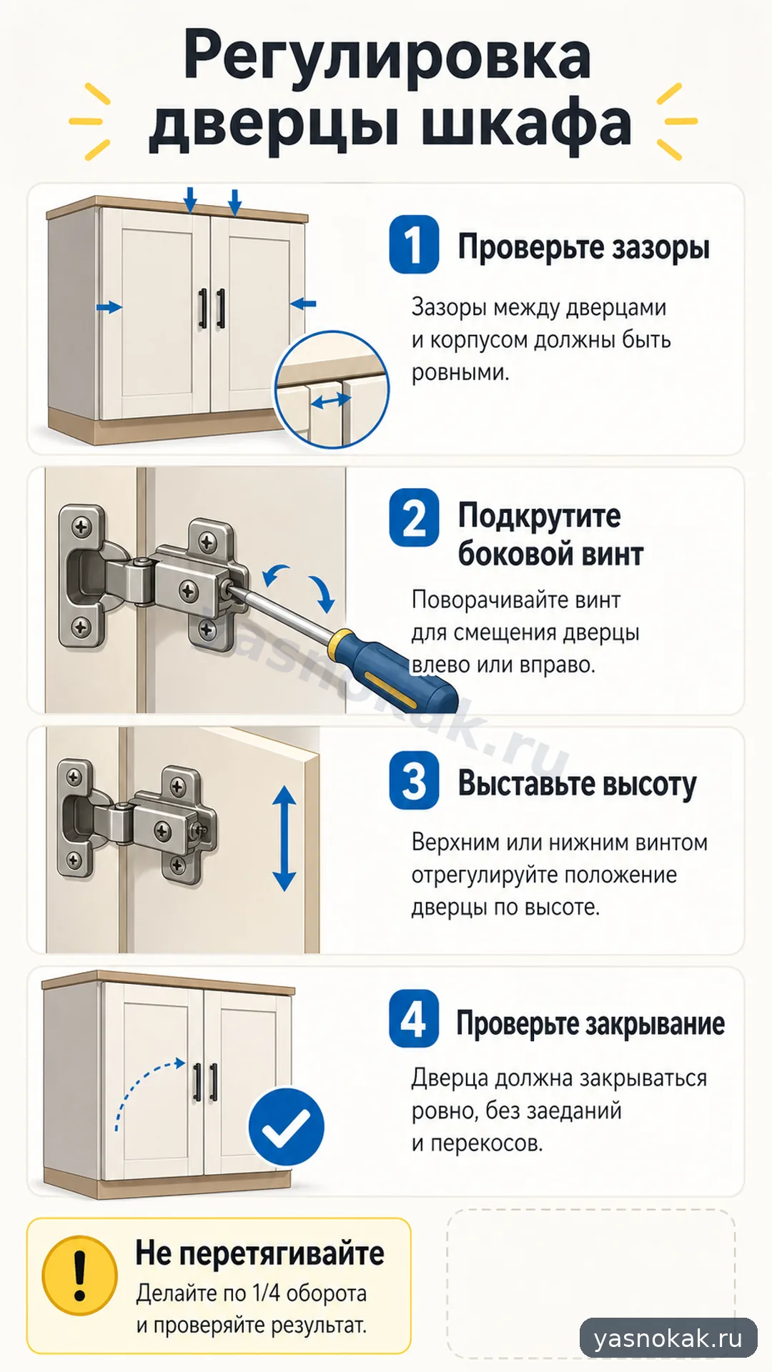 Схема: Как отрегулировать дверцу шкафа на петлях