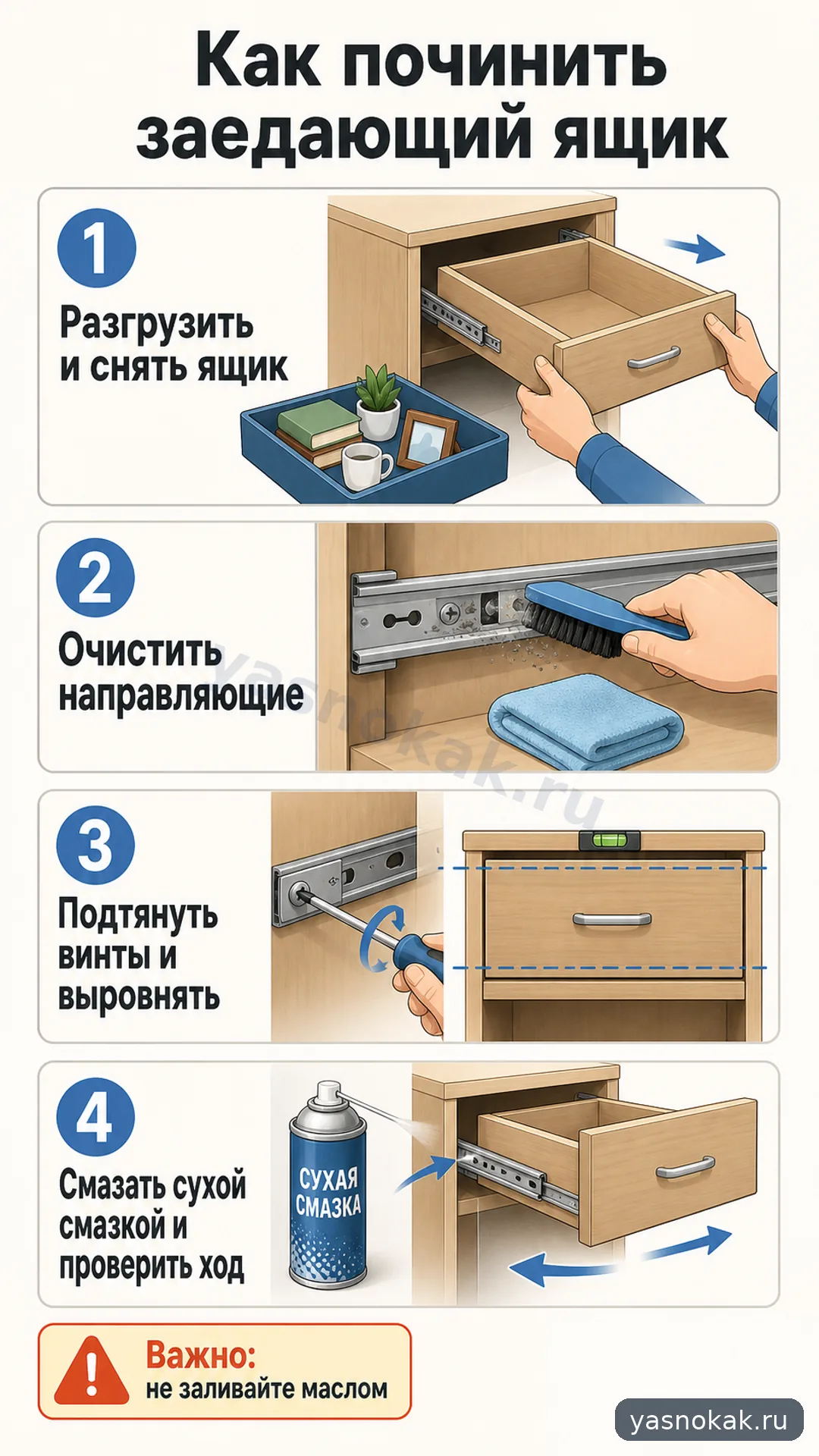 Схема: Как починить выдвижной ящик если он заедает