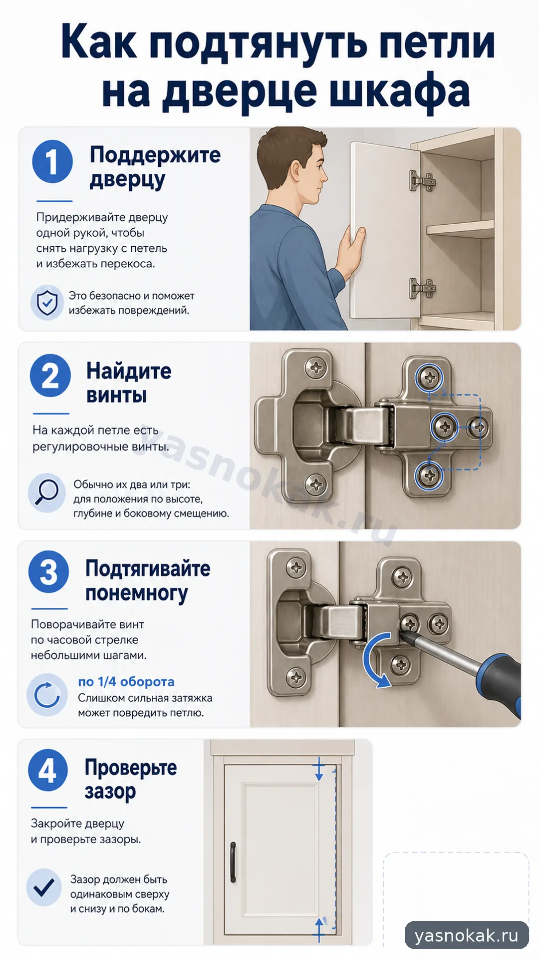 Схема: Как подтянуть петли на дверце шкафа
