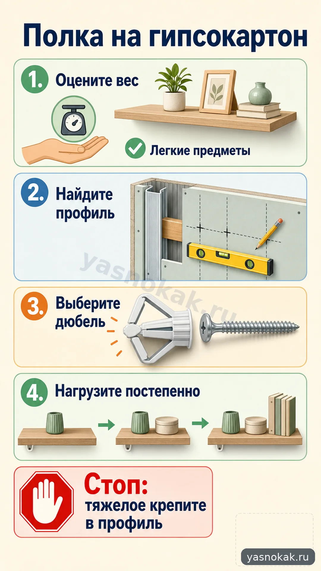 Схема: Как повесить полку на гипсокартон