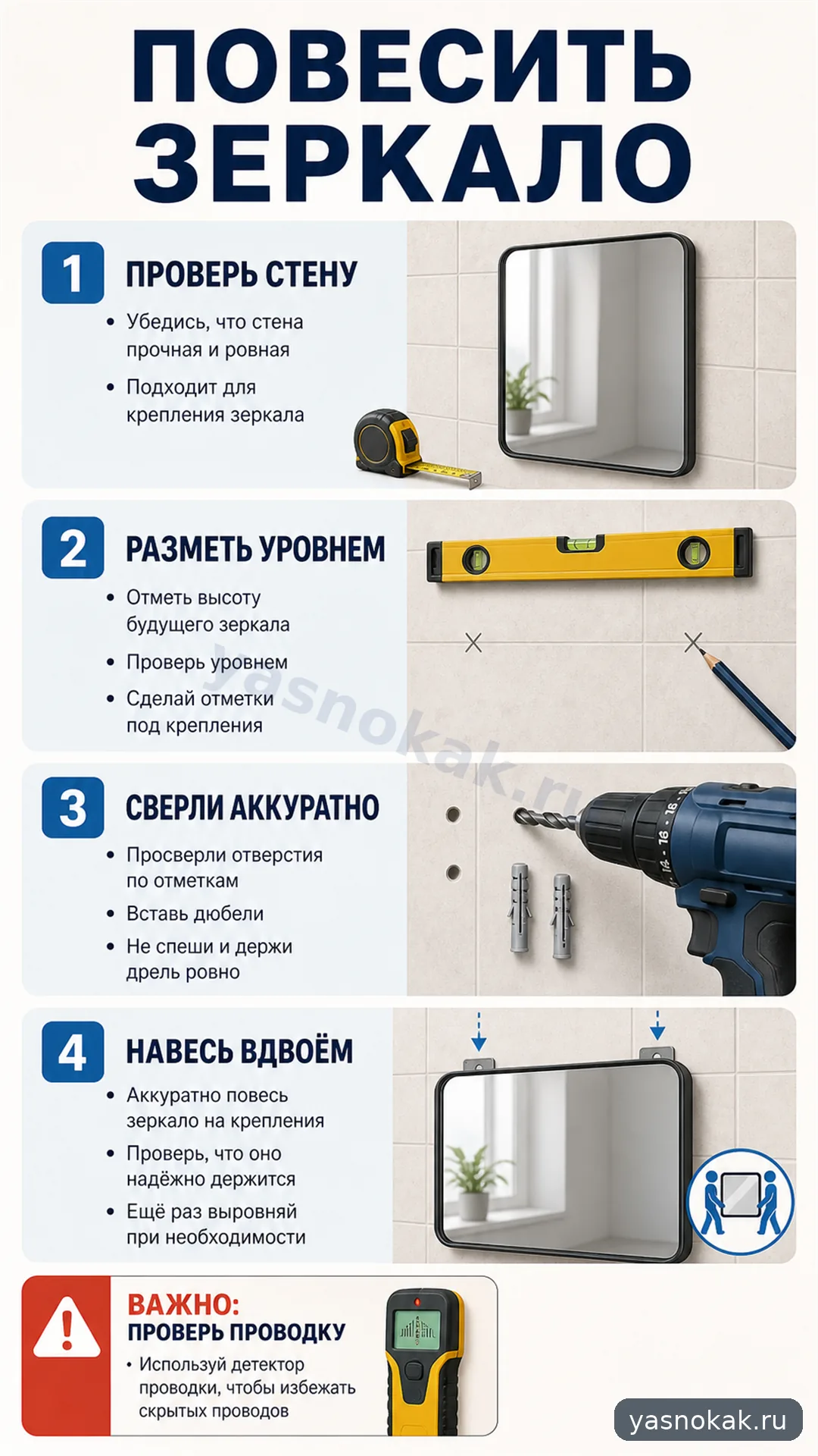 Схема: Как повесить зеркало на стену