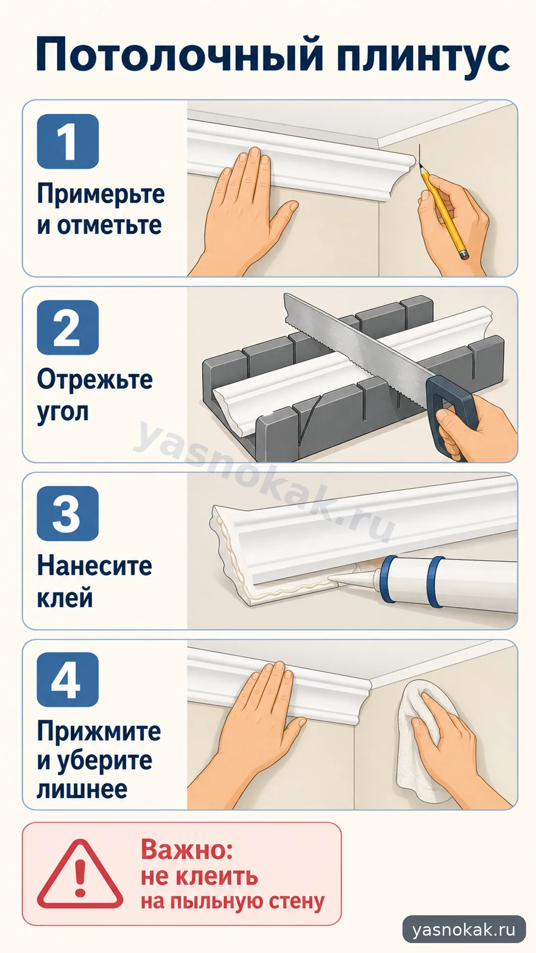 Схема: Как приклеить потолочный плинтус