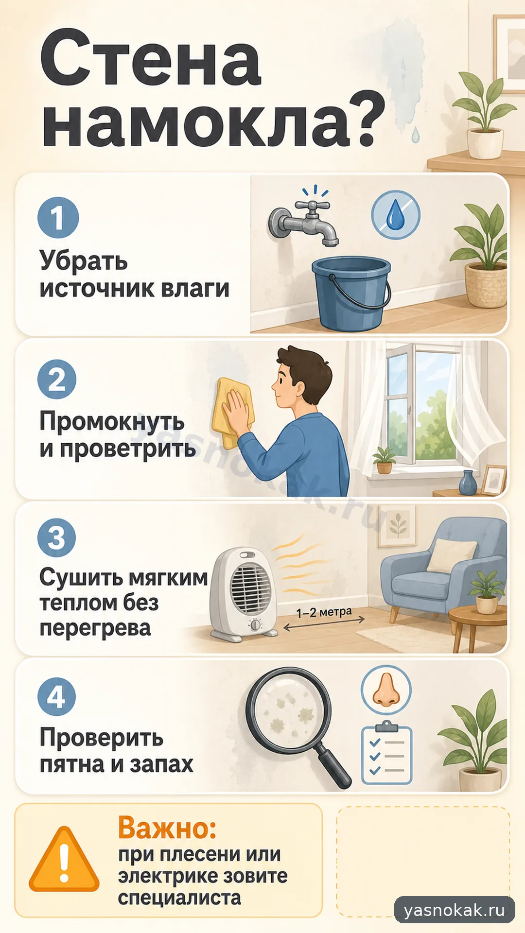 Схема: Как просушить стену после небольшого намокания