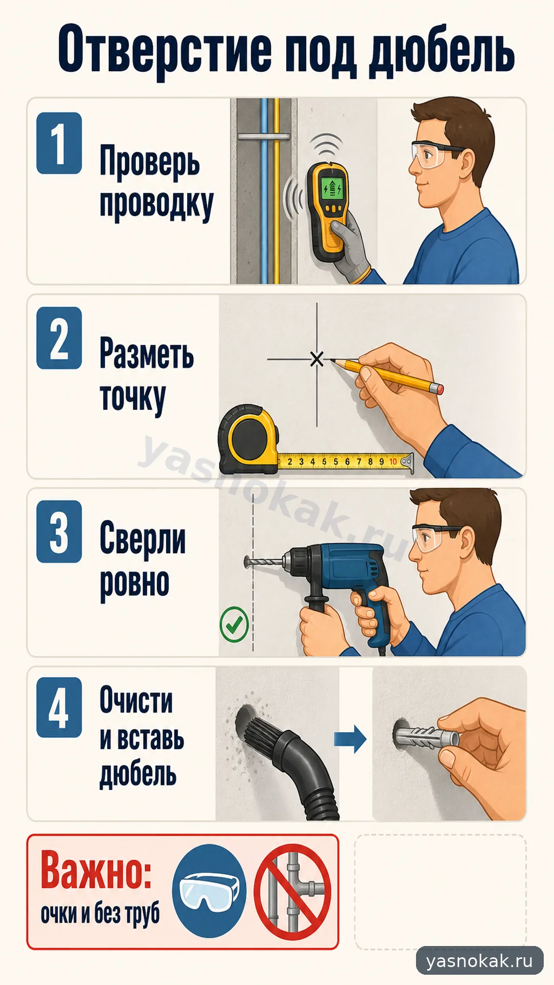 Схема: Как просверлить стену под дюбель