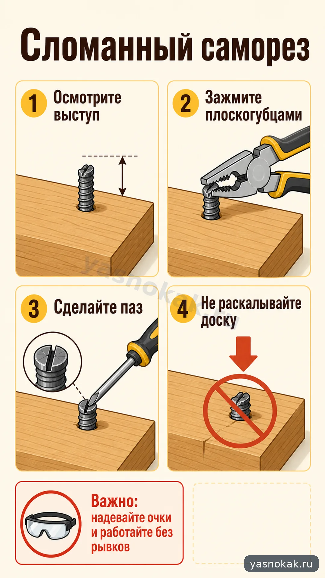Схема: Как снять сломанный саморез из доски
