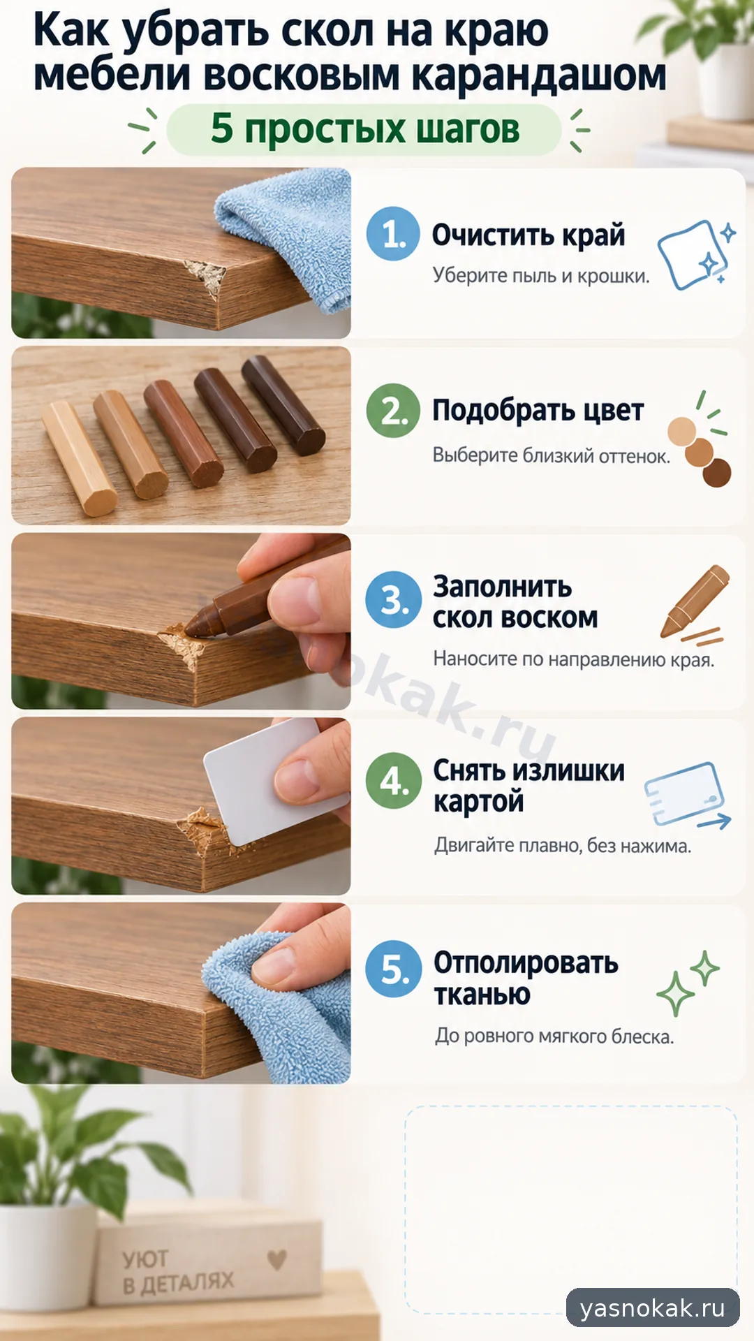 Схема: Как убрать скол на краю мебели восковым карандашом