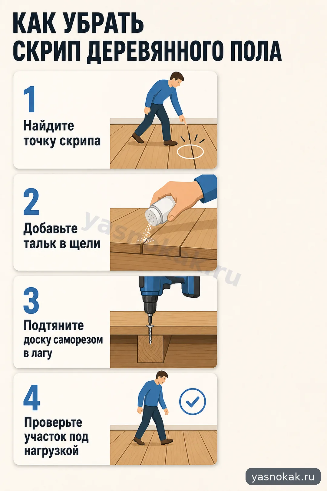 Схема: Как убрать скрип деревянного пола