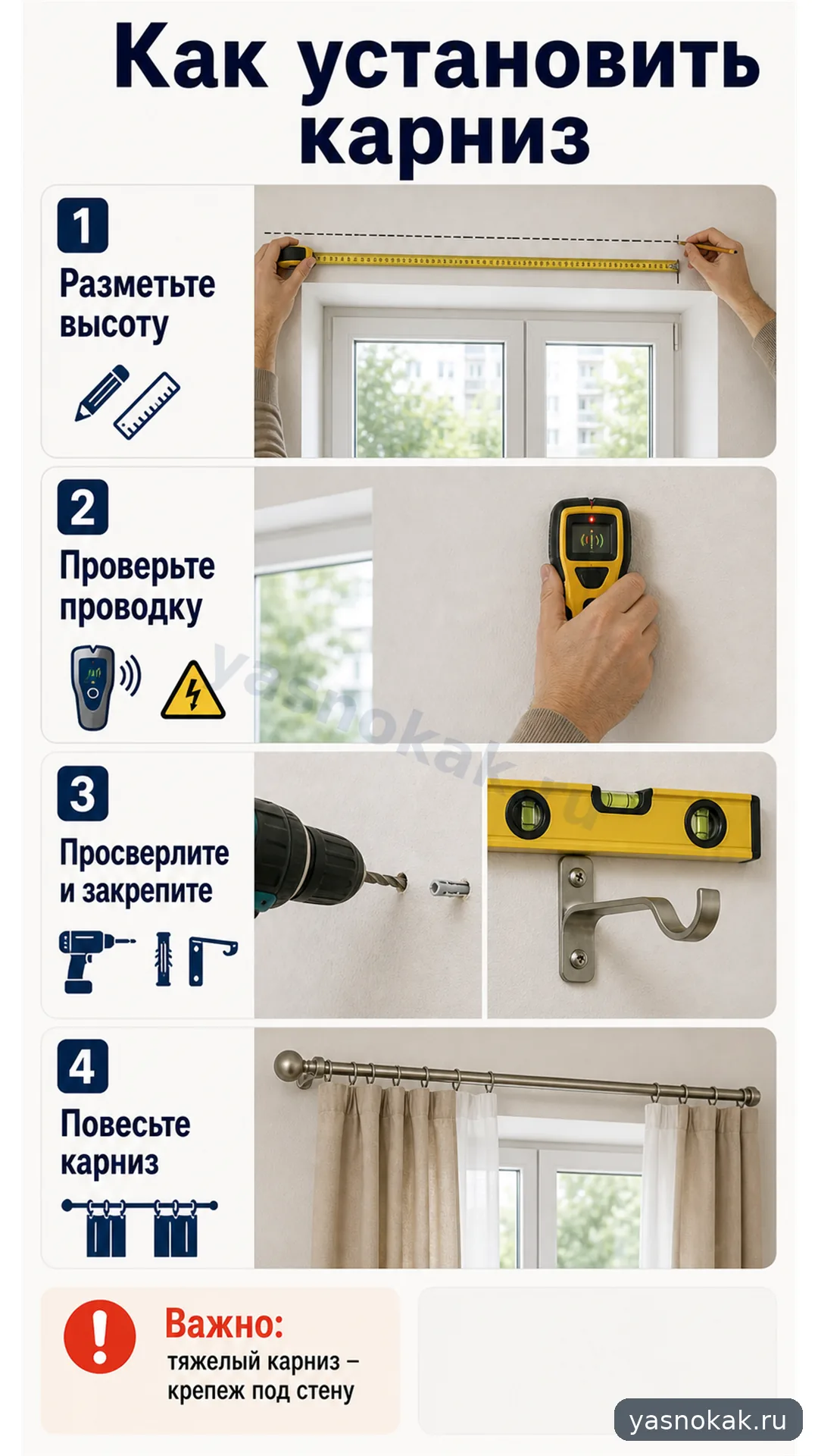 Схема: Как установить карниз