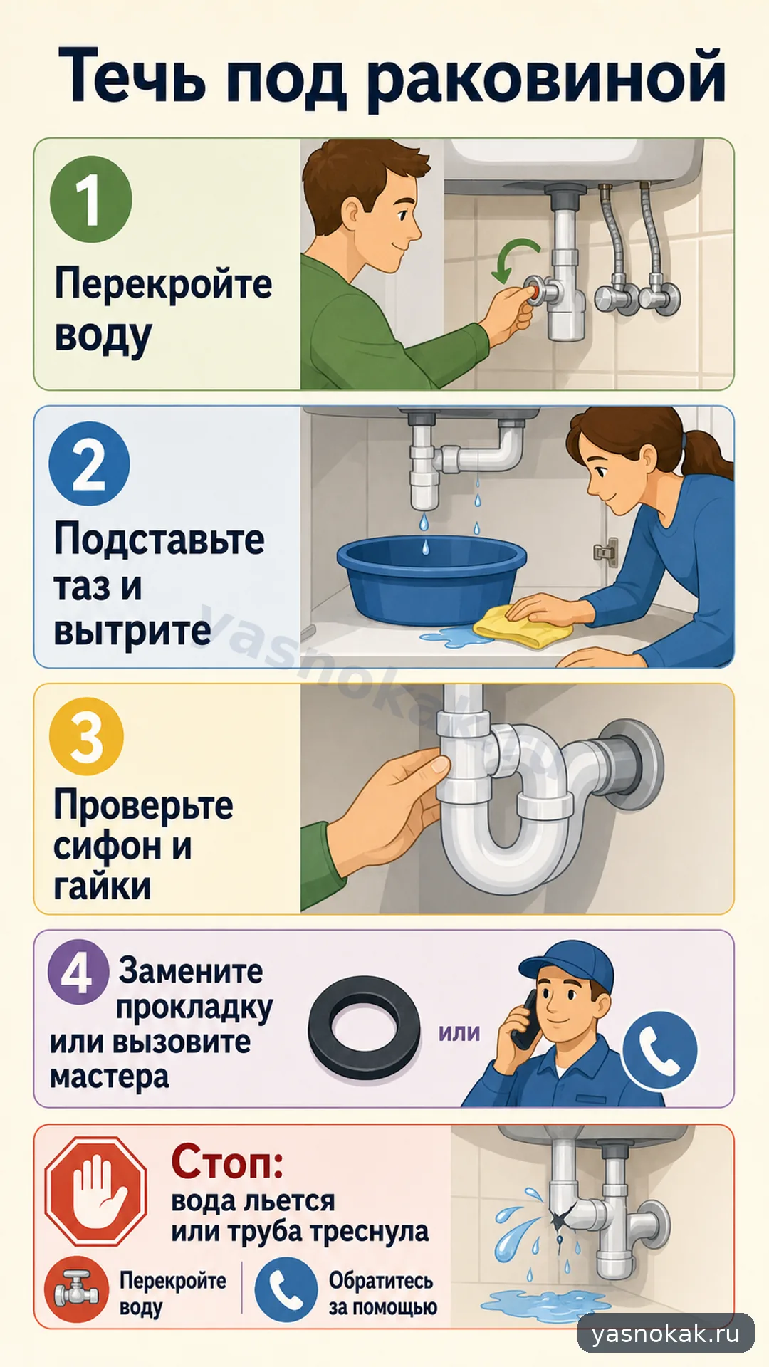 Схема: Как устранить течь под раковиной