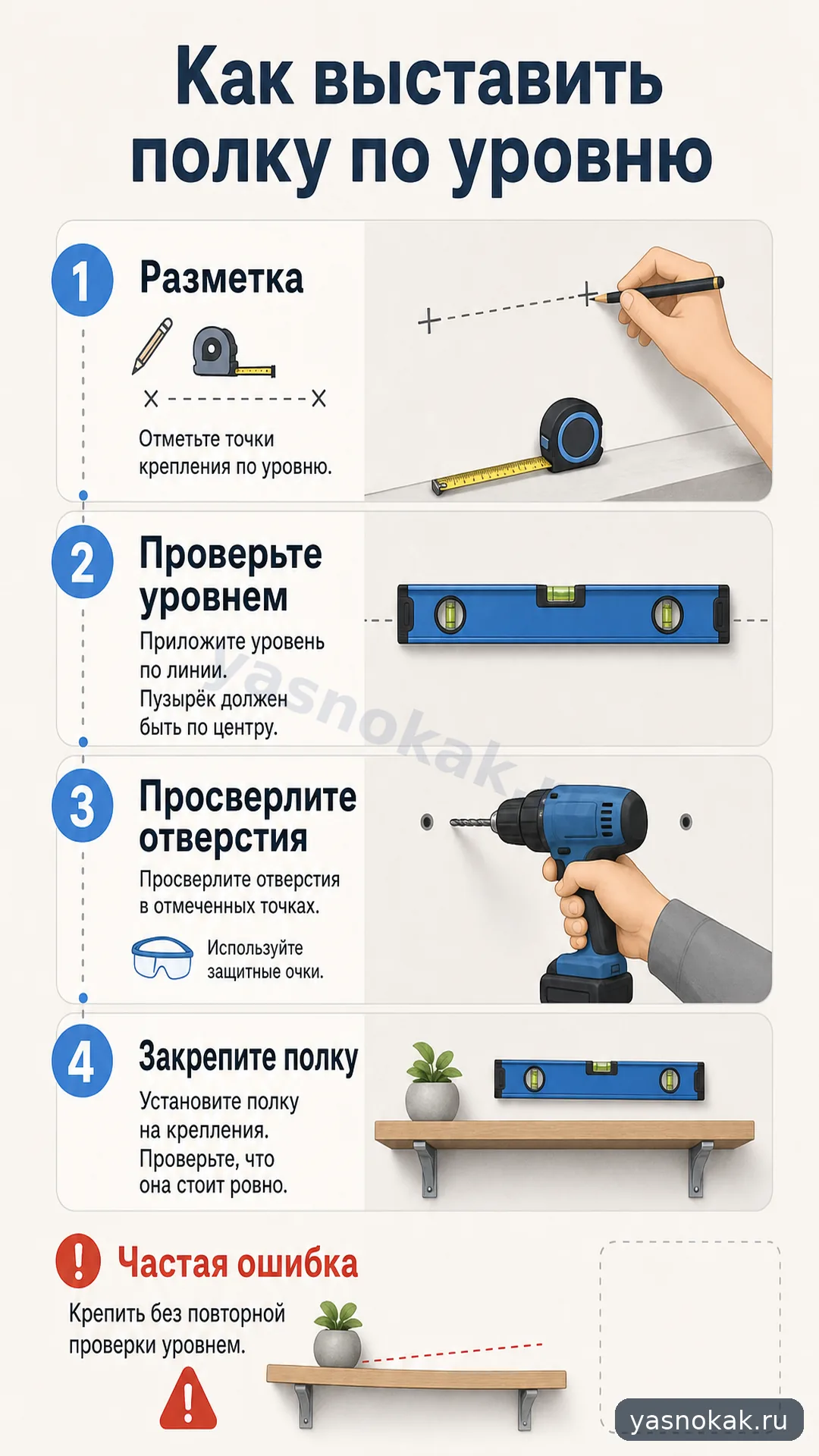Схема: Как выставить уровень полки на стене