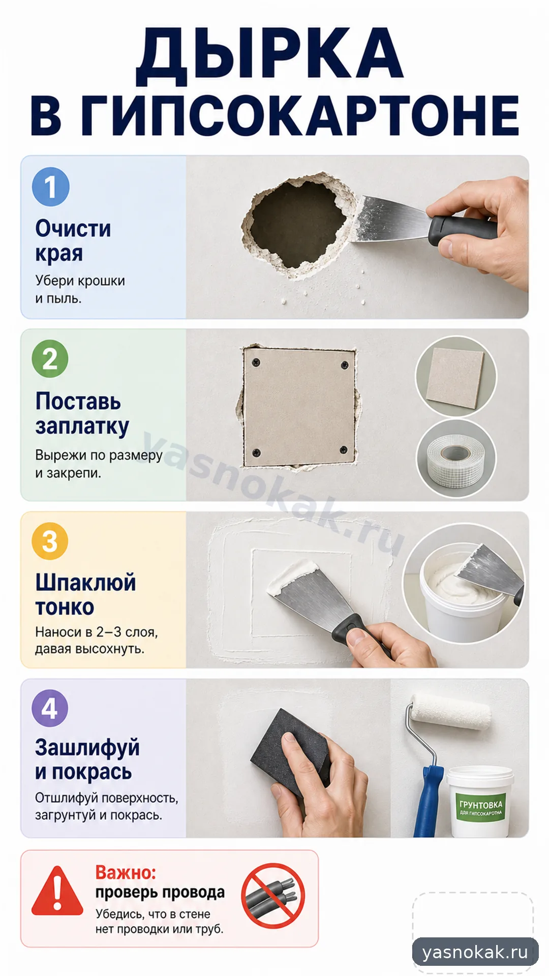 Схема: Как заделать дырку в гипсокартоне