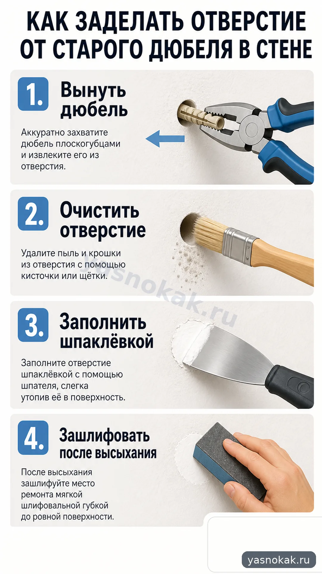 Схема: Как заделать отверстие от старого дюбеля в стене