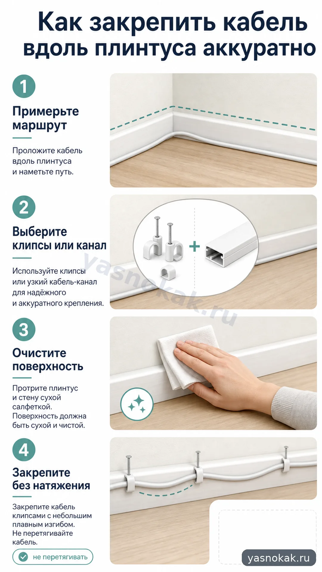 Схема: Как закрепить кабель вдоль плинтуса аккуратно