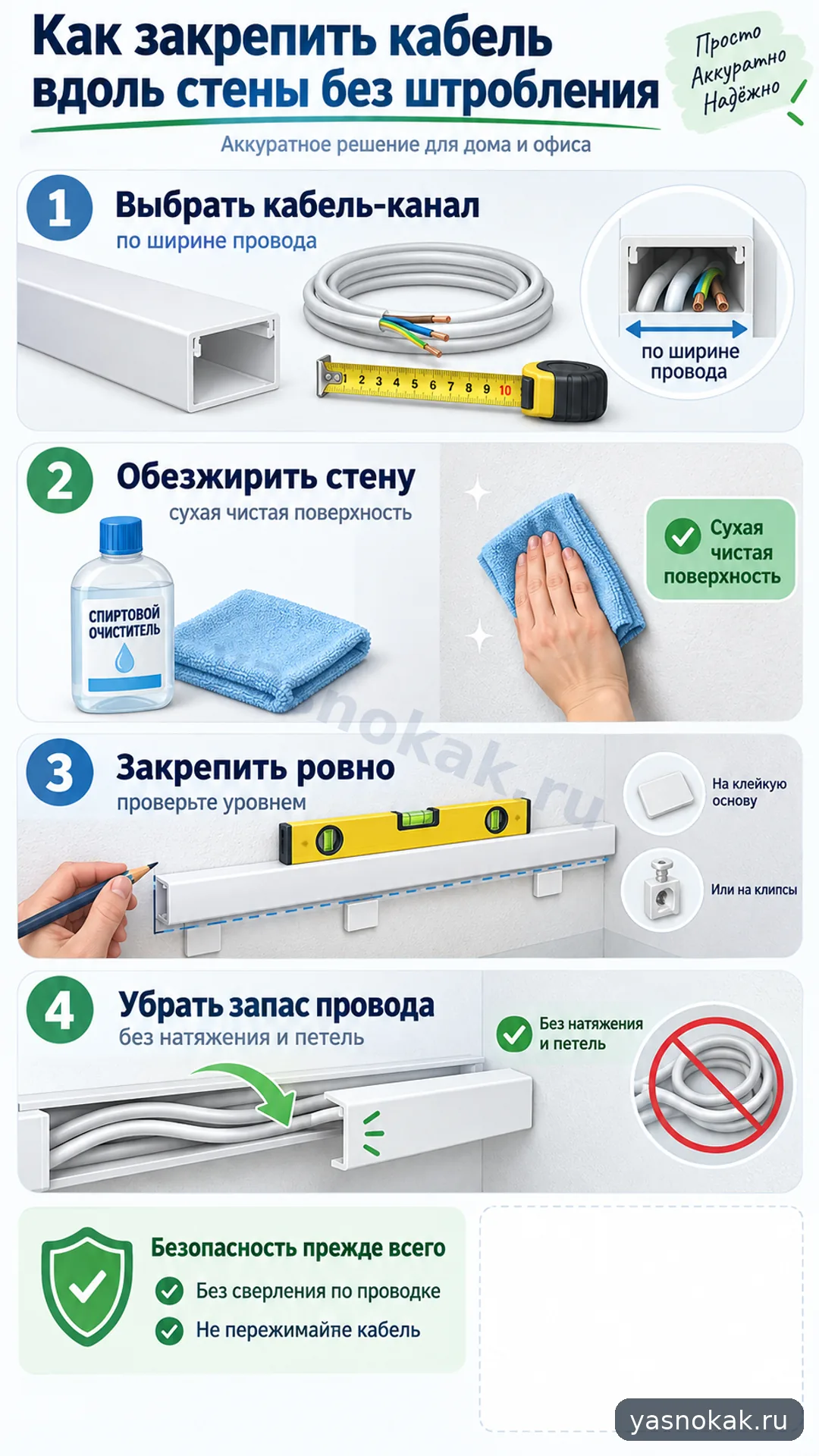 Схема: Как закрепить кабель вдоль стены без штробления