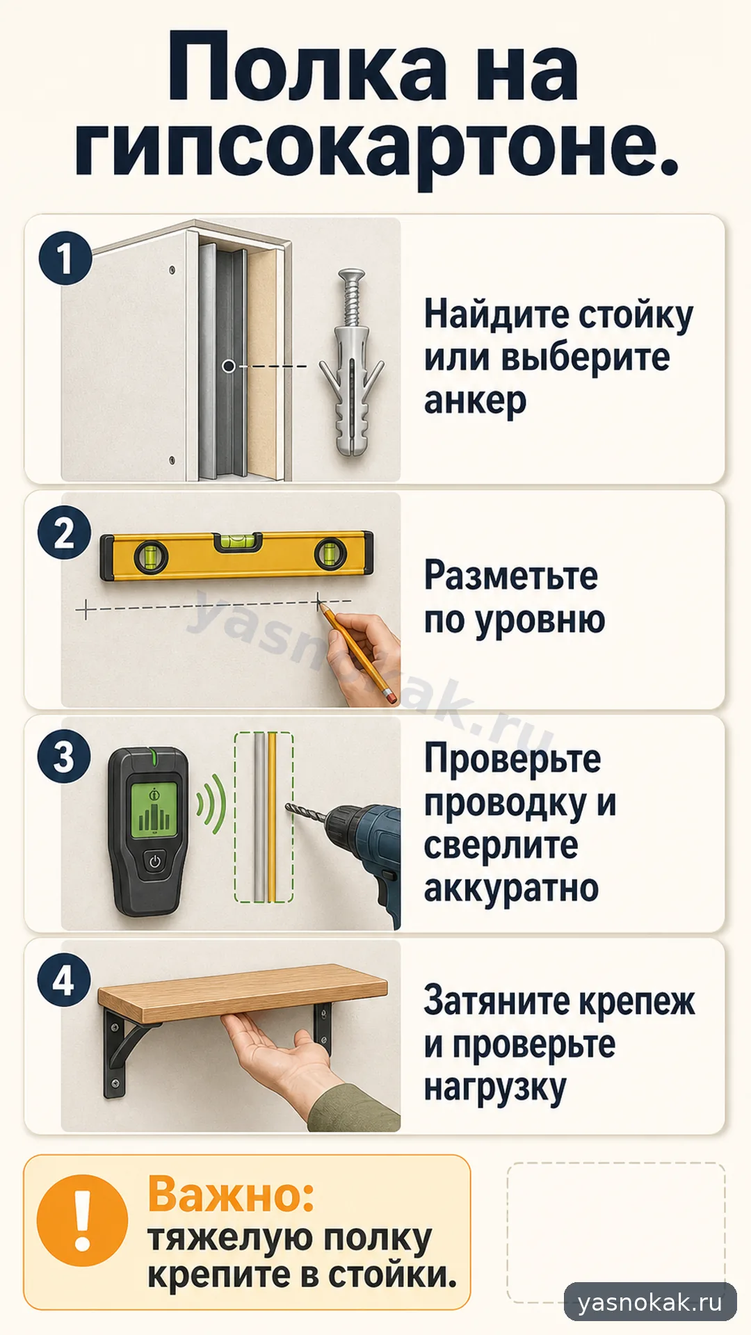 Схема: Как закрепить полку на гипсокартонной стене