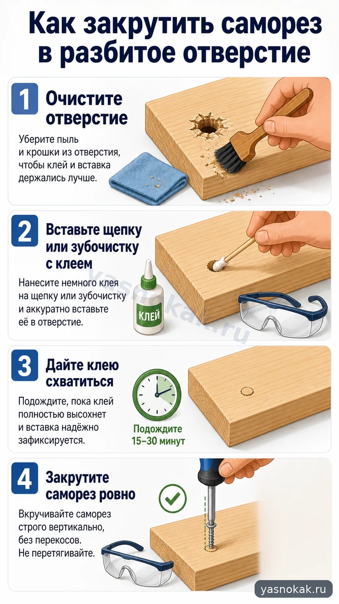 Схема: Как закрутить саморез в разбитое отверстие