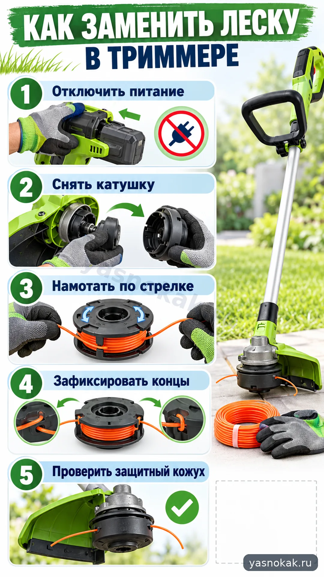 Схема: Как заменить леску в триммере Huter