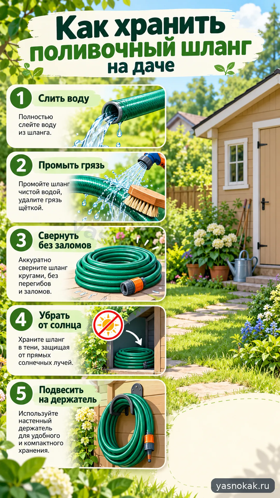 Схема: Как хранить поливочный шланг на даче