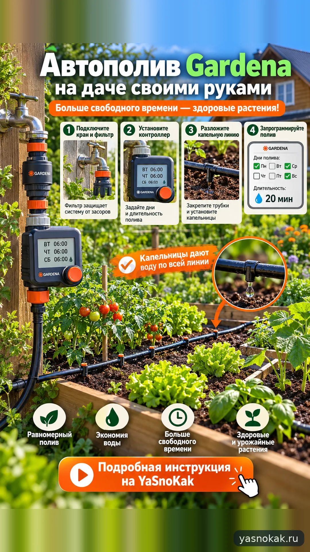 Схема: Как настроить автополив Gardena на даче