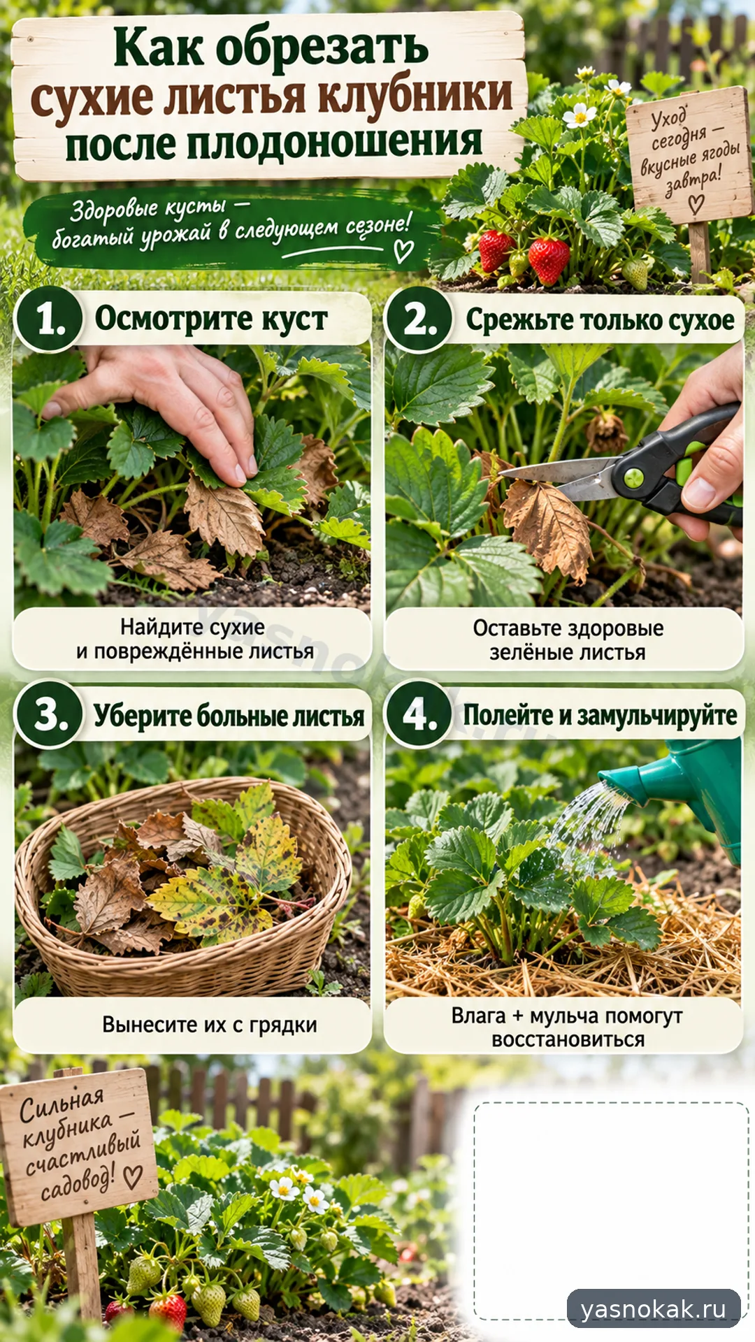Схема: Как обрезать сухие листья клубники после плодоношения