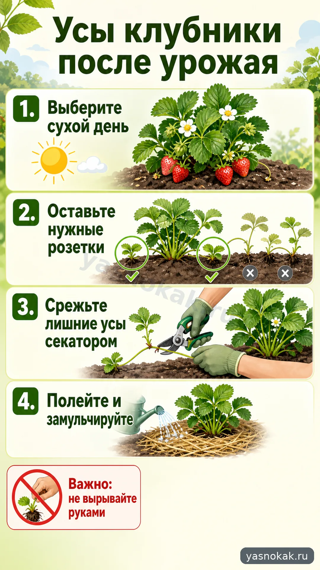 Схема: Как обрезать усы клубники после плодоношения